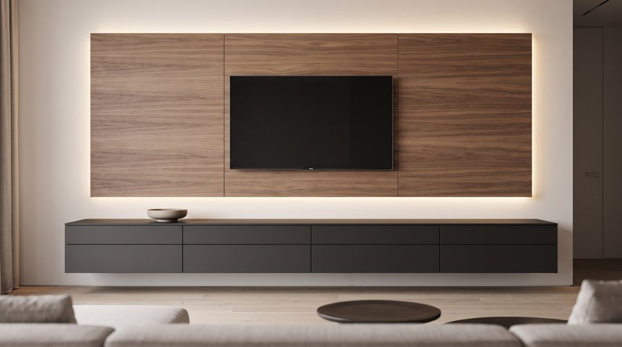 Doğal Ahşap Panel TV Duvarı — CMZ Mobilya